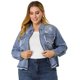 thumbnail image 3 of Women's Plus Size Denim Jacket Turndown Collar Chest Pocket Frayed Hem Crop Jean Jackets Blue 1X, 3 of 7