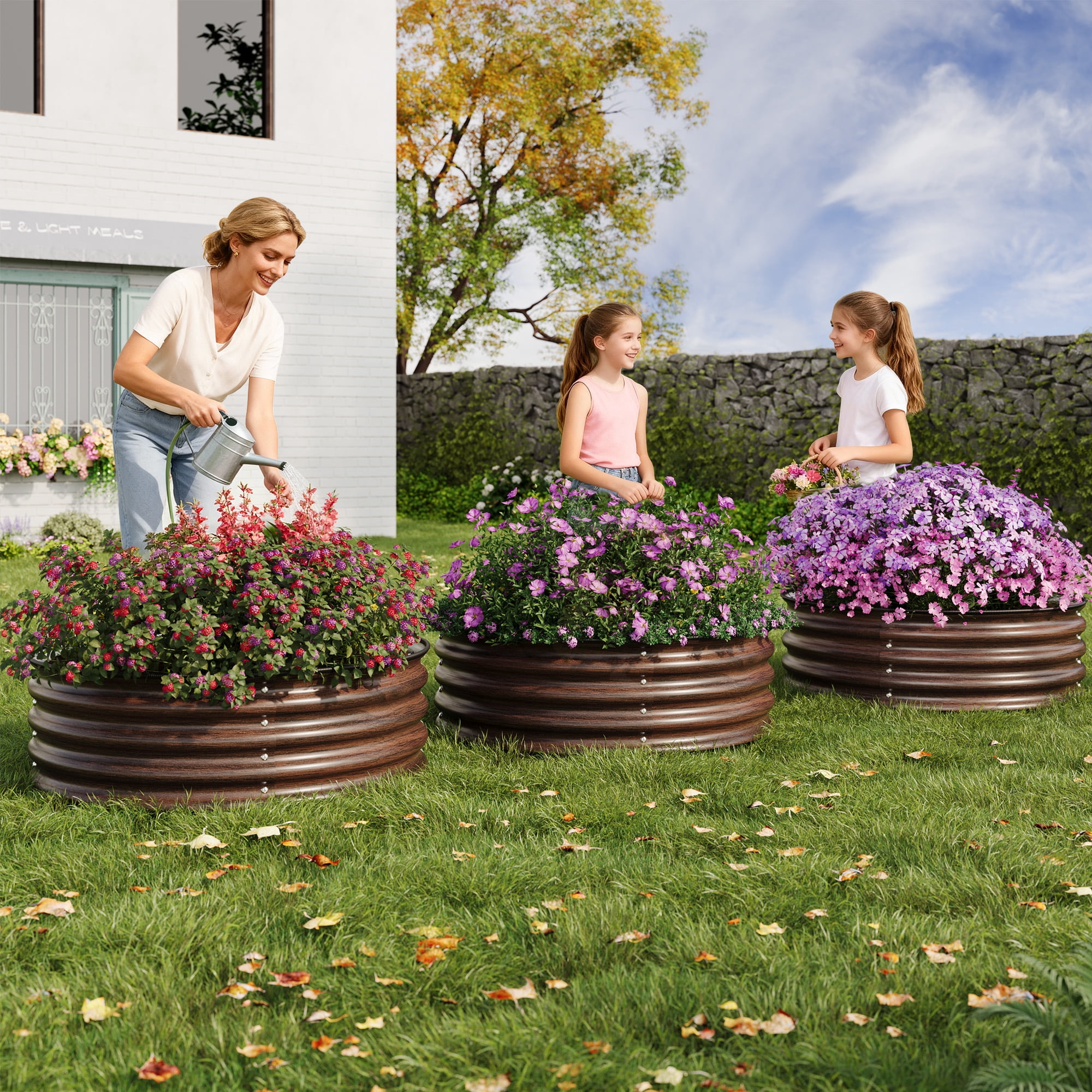 Modern Round Metal Garden Planters – 1-Pack Decorative Flower Pots with Galvanized Steel Finish, Easy Setup, Rubber Safety Edges for Indoor & Outdoor Use