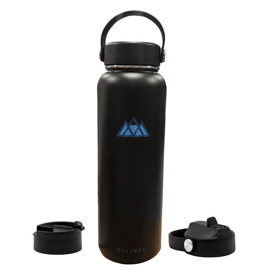 Vacuum Insulated Bottle with 3 Lids - Stainless Steel Thermally Insulated Flask - 40 Fl Oz - Black - by Polerce