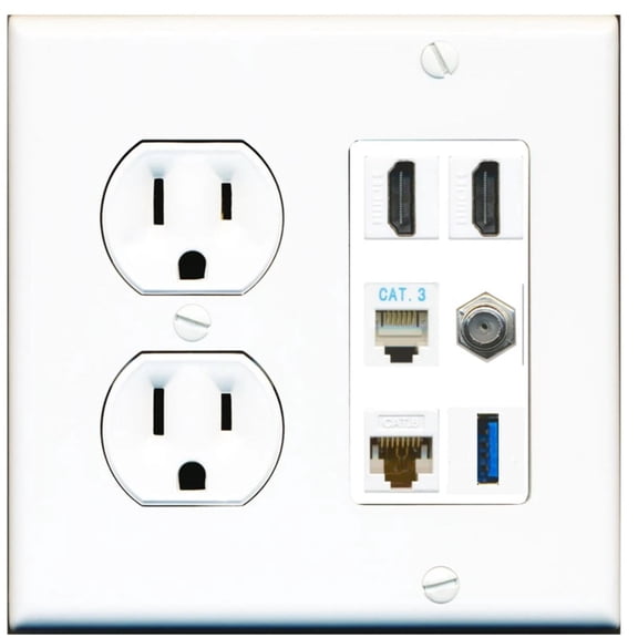 Ultra Spec Cables 2 Port HDMI Coax Cat6 Phone USB Wall Plate w/Round Power Outlet