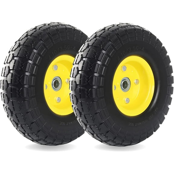 (2-Pack) 10-Inch Solid Rubber Tire Wheels - Replacement 4.10/3.50-4" Tires and Wheels Flat Free with 5/8" Axle Bore Hole Bearings, 2.17" Offset Hub -Perfect for Hand Truck, Wheelbarrow, Gorilla Carts