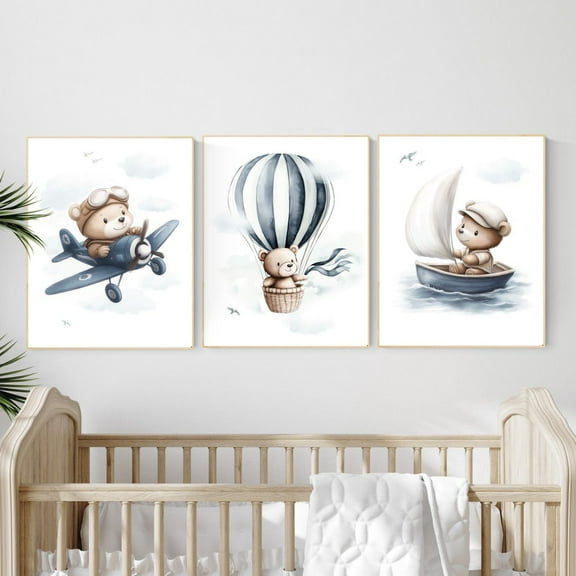 UNFFRAMED Luvia Adventure Bear Nursery Wall Art Set of 3, Airplane Balloon Boat Prints, Travel Theme Baby Room Decor Set 3 Prints 8x12