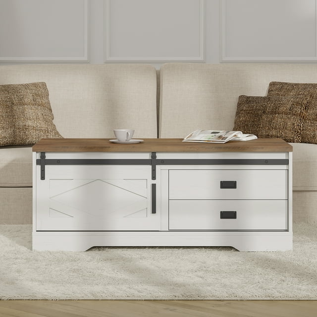 WAMPAT Farmhouse Coffee Table with Sliding Barn Door,Rectangular Center Table with Hidden Storage Compartment and Drawers for Living Room,Office,Antique White