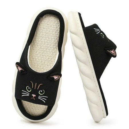 House Slippers Women Summer Cute Cat Linen Couples Indoor Non Slip Thick Funny Sandals Cartoon Kawaii Home Shoes 2024 New