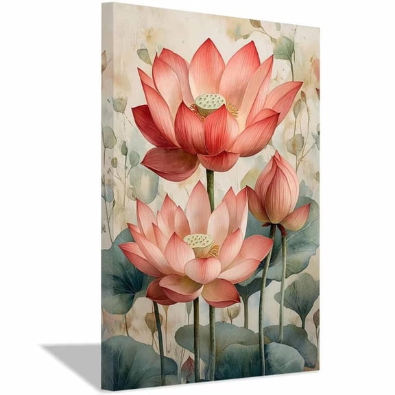 Mudket Watercolor Pink Lotus Canvas Wall Art, Framed Floral Botanical Print, Zen Flower Wall Decor for Bedroom Bathroom, Ready to Hang - 12"L x 8"W