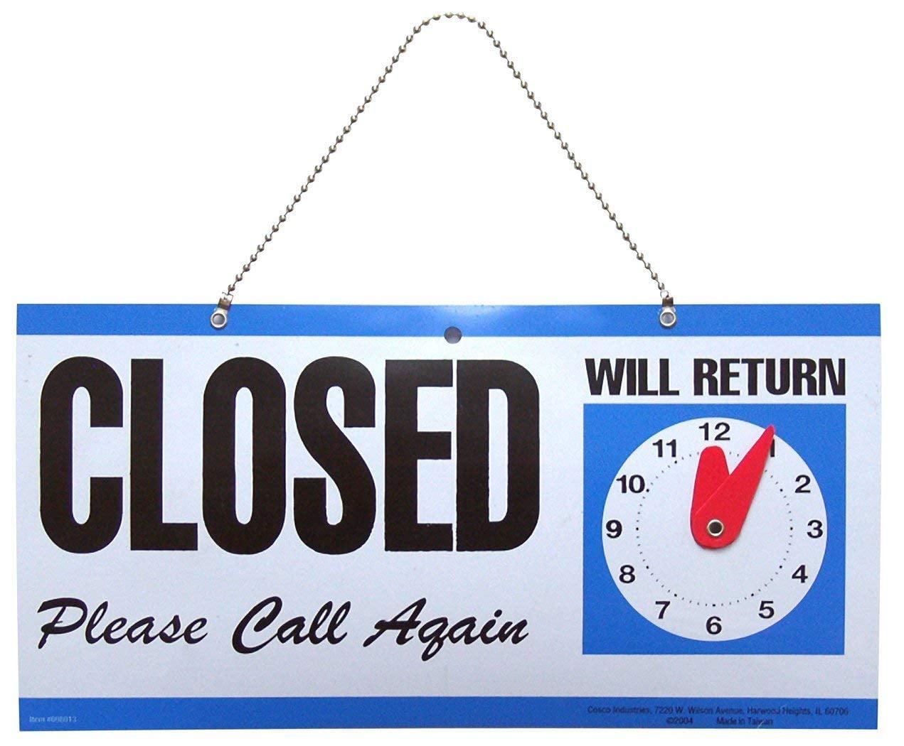 "OPEN, CLOSED" with Clock Reversible Sign, 53/4" x 111/4" Styrene