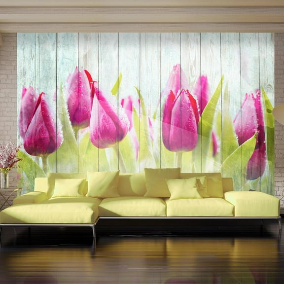 Tiptophomedecor Floral Wallpaper Wall Mural - Tulips On White Wood