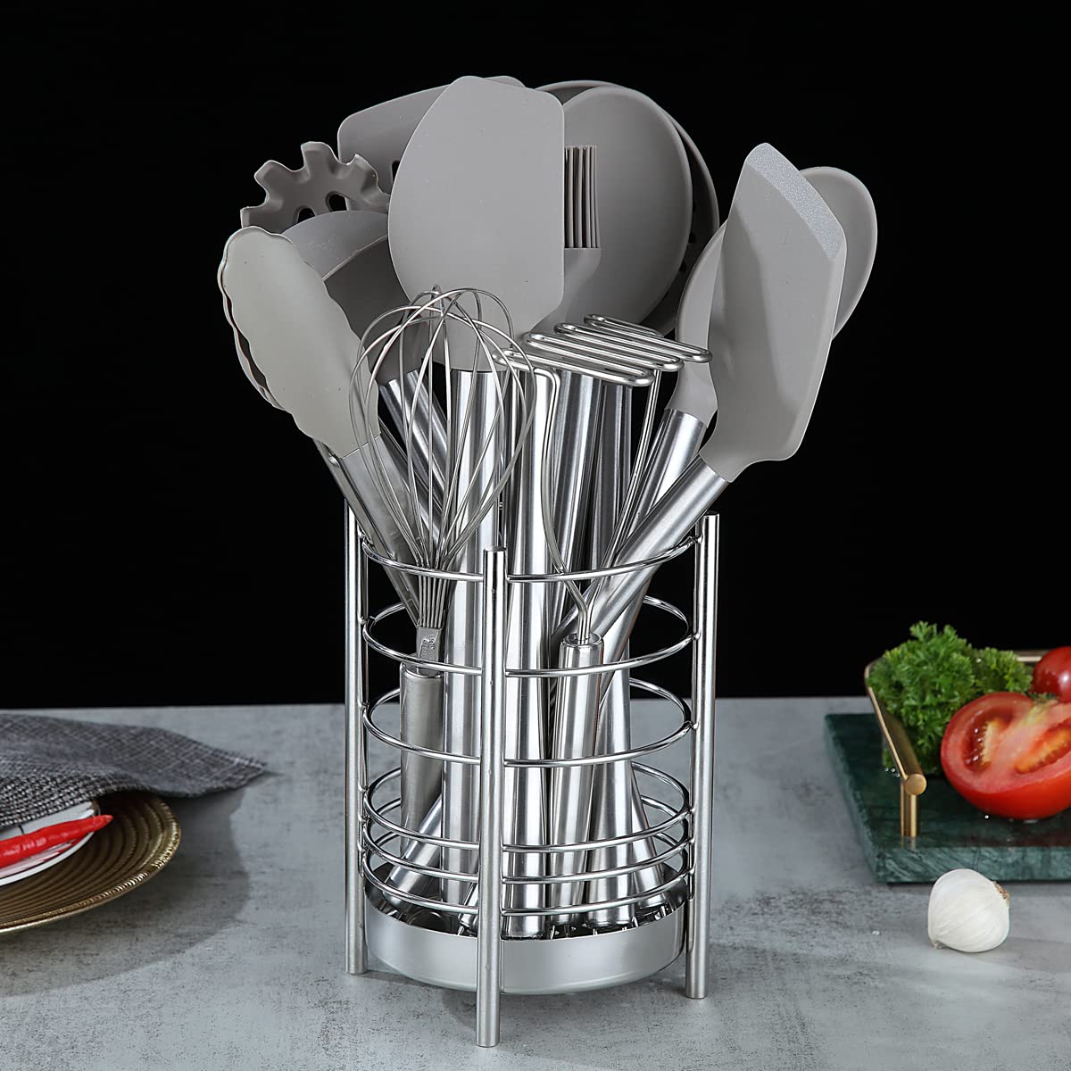 ReaNea Silver 38 Pieces Silicone Kitchen Utensils Set  With Sturdy Stainless Steel Utensil Holder