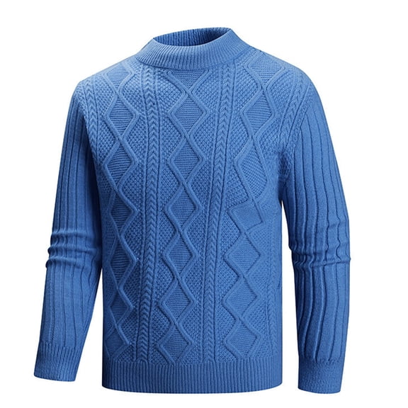 SERTG Men's Sweater Winter Solid Color Retro Knit Sweaters Jacquard Round Neck Warm Thick Casual Knitwear Men's Sweaters(Blue,M)