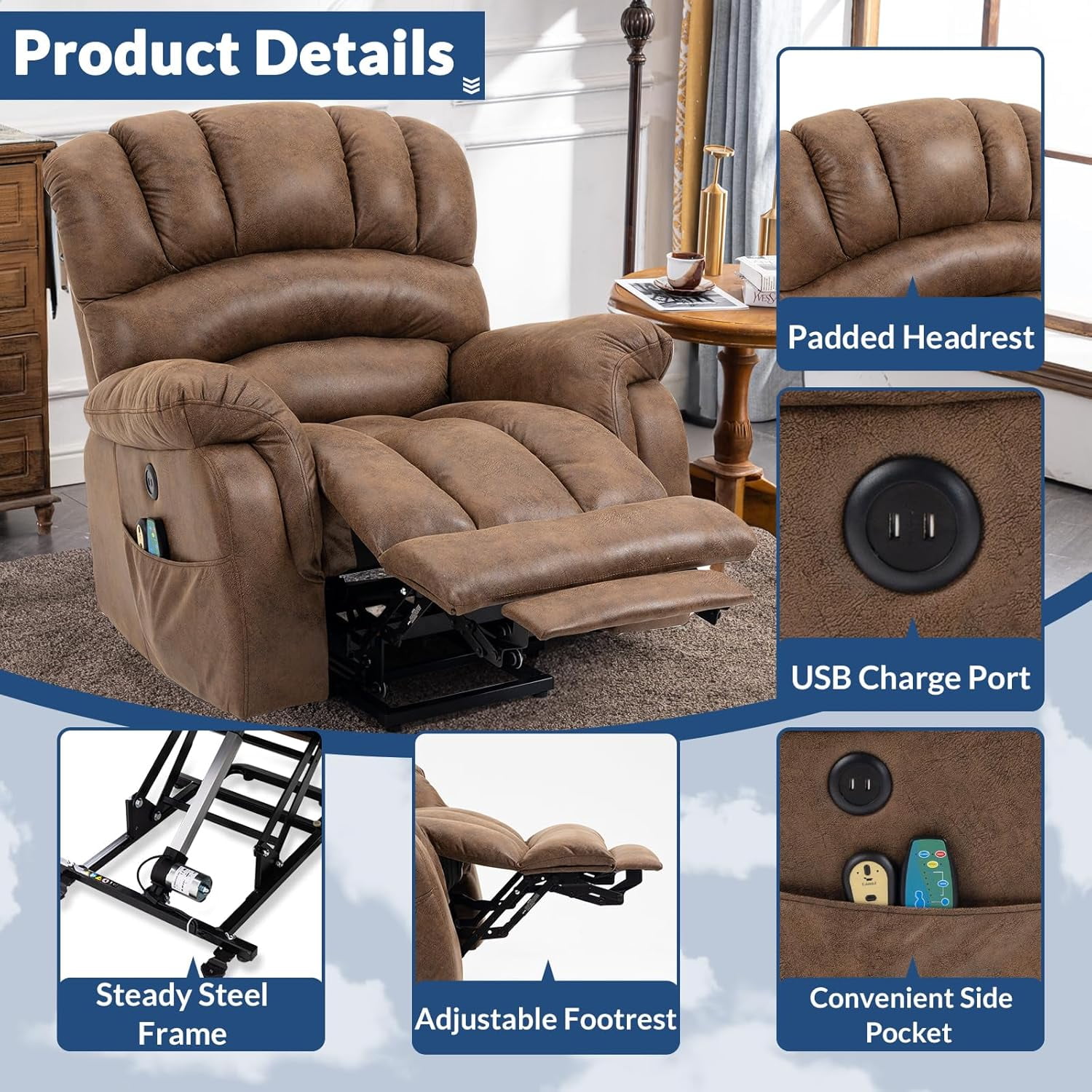 Large Electric Power Lift Recliner Chair with Extended Footrest for Elderly Tall Man, Overstuffed Heated Massage Wide Reclining Sofa with 2 Remote Controls, Side Pockets & USB Ports, Brown