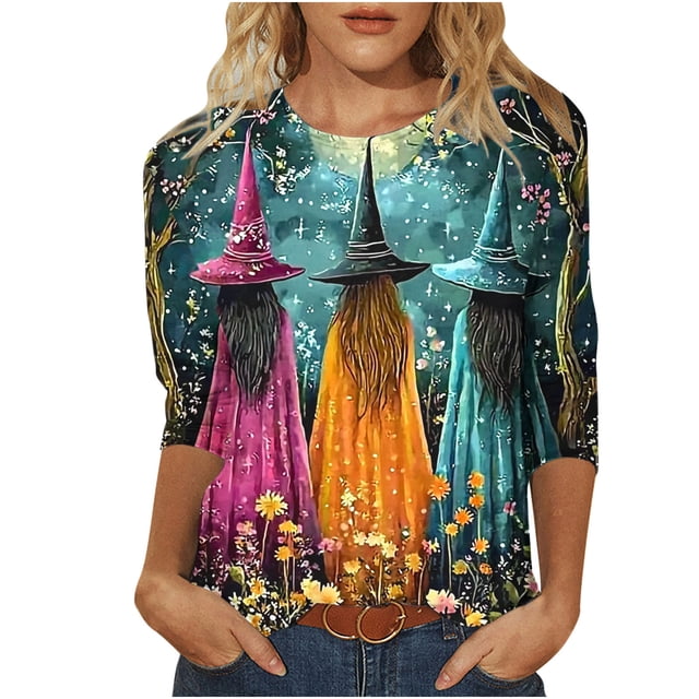 QTOCIO 3/4 Hauts à Manches pour Femmes, Hauts d'Été à Manches 3/4 pour Femmes, T-shirt Décontracté Imprimé à Col Rond pour Femmes, Blouse à la Mode