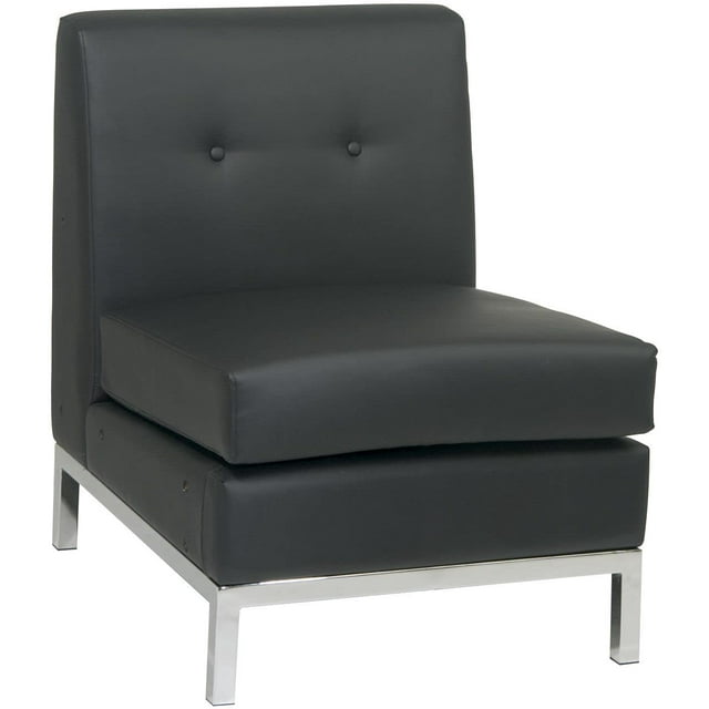 OSP Home Furnishings Wall Street Fauteuil Sans Accoudoirs en Similicuir avec Coussin à Sommier, Dossier Capitonné à Boutons et Base à Fini Chrome, Noir