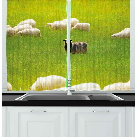 Nature Curtains 2 Panels Set, Black Sheep between White Goats on Grass Field Meadow Animal Farm Landscape, Window Drapes for Living Room Bedroom, 55W X 39L Inches, Fern Green Cream, by