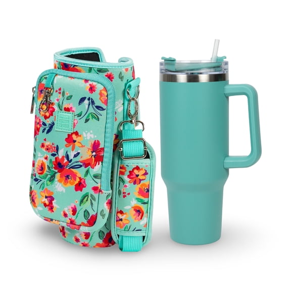 Made Easy Kit Tumbler & Neorpene Pocket Carrier for Water, Iced Tea or Coffee - Stainless Steel Vacuum Insulated Car Cup with Lid, Straw, and Carabiner for Hanging Accessories