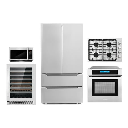 5 Piece Kitchen Package With 30  Gas Cooktop 24  Single Electric Wall Oven 30  Over-the-range Microwave & French Door Refrigerator