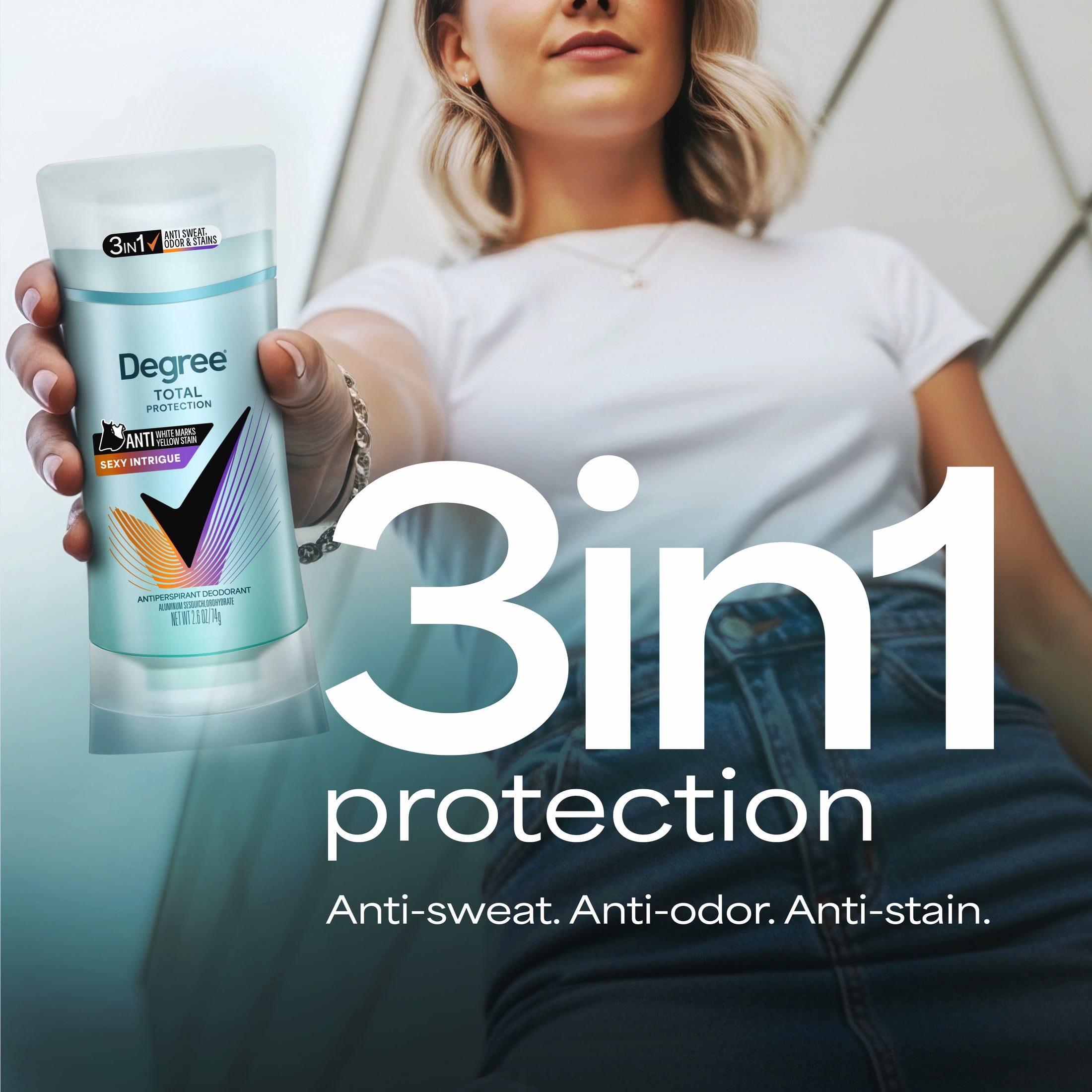 Degree 3 in 1 Antiperspirant Deodorant 72 Hour Protection Sexy Intrigue Against Sweat, Odor and Stains, 2.6 oz