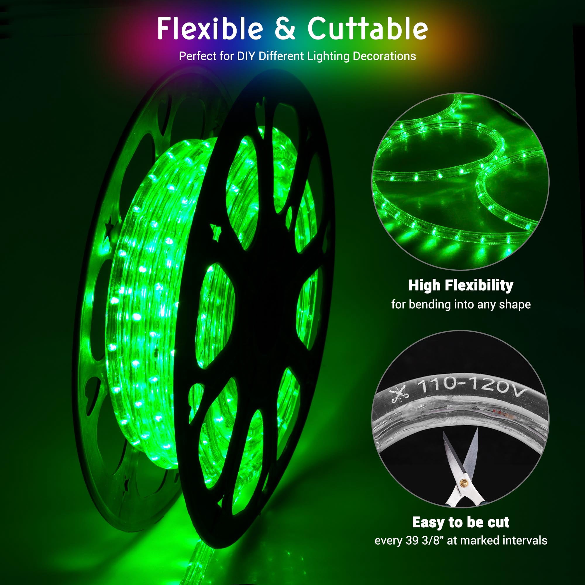 DELight 50Ft Rope Light 540 LED Waterproof String Lighting Outdoor Flexible 2 Wire for Tree Landscape Garden Patio Gazebo Decoration Green
