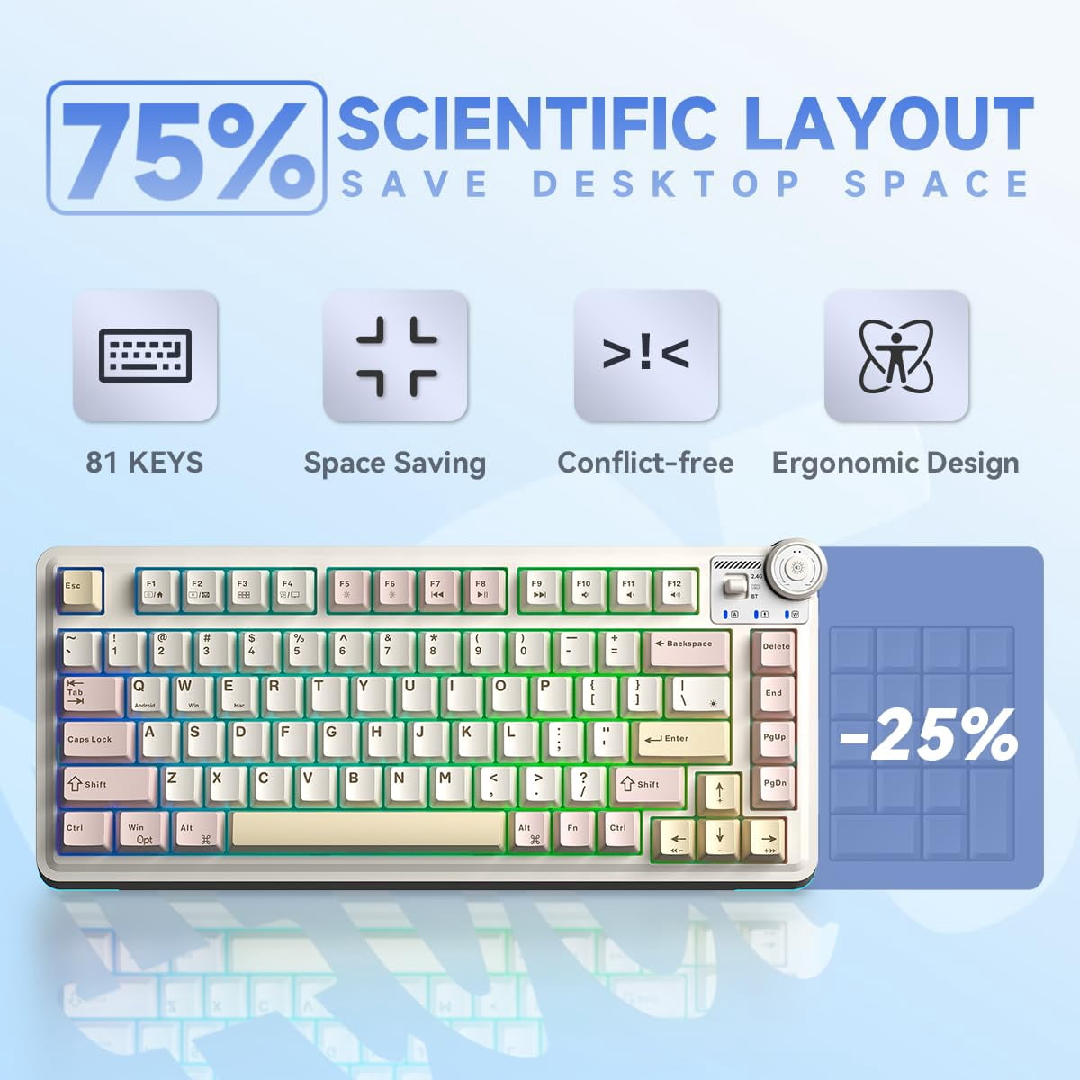 Aula AU75 Wireless Mechanical Keyboard, Hot Swap Gasket Gaming Keyboard with Knob, 4000mAh, 75% Five-Layer Padding PBT Keycaps, Pink
