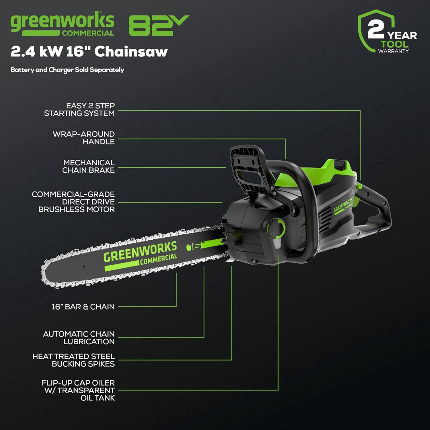 Greenworks 82V 16" Brushless (2.4 kW) Cordless Chainsaw (225 Cuts Per Charge), 4.0Ah Battery and Dual Port Rapid Charger (Great For Landscapers and Professionals