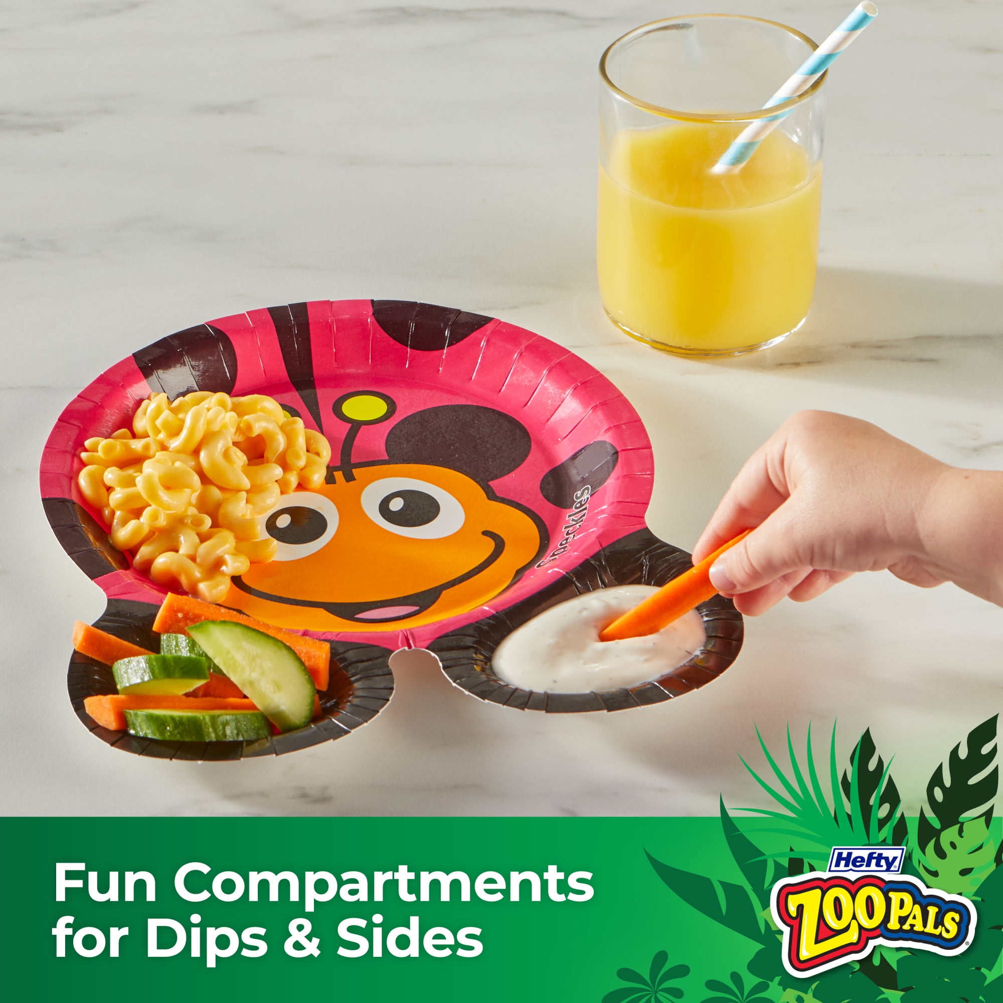 Hefty Zoo Pals Paper Plates for Kids, Assorted Animal Designs with Two Dipping Compartments, Multi-Color, 7.75”, 15 Count