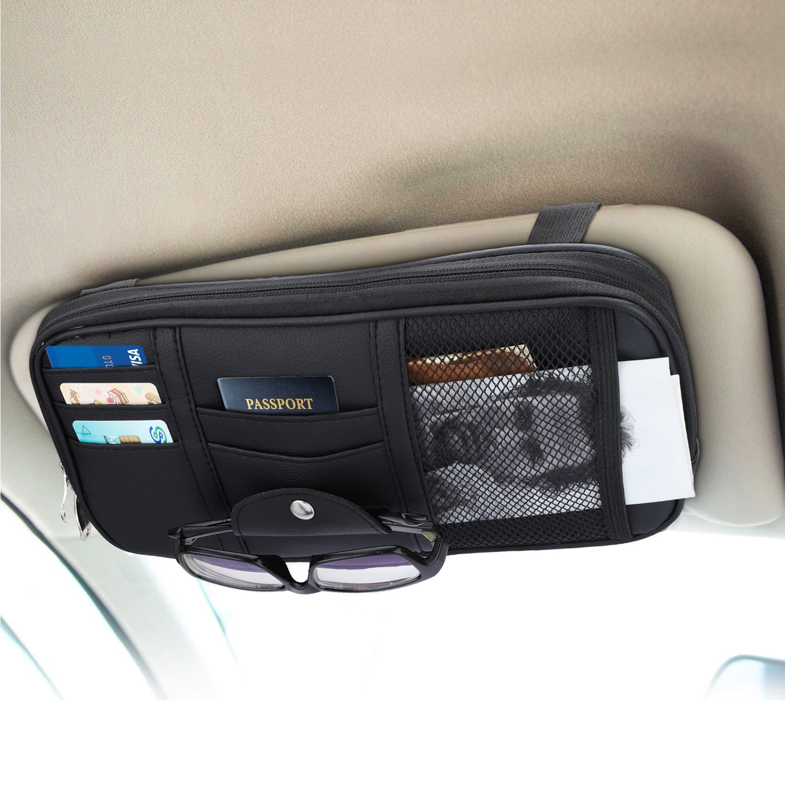 Black Auto Interior Accessories Pocket Organizer-Car Truck SUV Leather Storage Pouch Holder with Multi-Pocket Net Zipper Cartisen Car Sun Visor Organizer