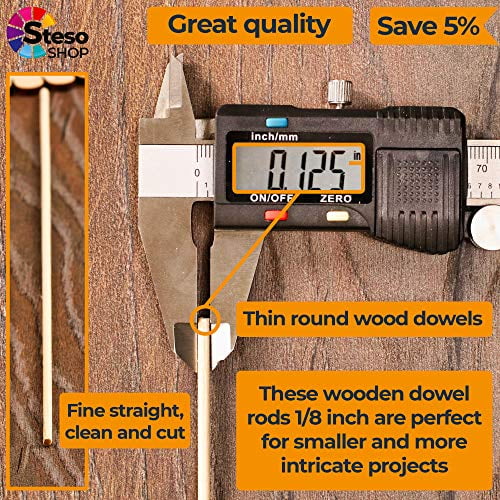 StesoSHOP Wooden Dowel Rods - Thin Rod 12 inches - 1/8 Dowels - 50 pcs - Wood Dowels Crafts - Best Price - Wood Dowels for Wedding Ribbon Wands - 30cm-3mm