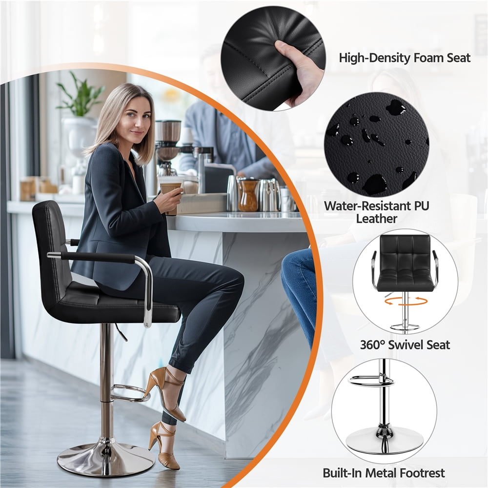 Alden Design Adjustable Swivel Bar Chair Modern Faux Leather Bar Stools, Set of 2, Black