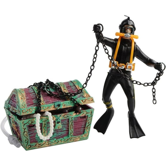 Action Aquarium Ornament, Undersea Treasure Chest Diver, Live-Action Aerating Fish Tank Decorations Resin