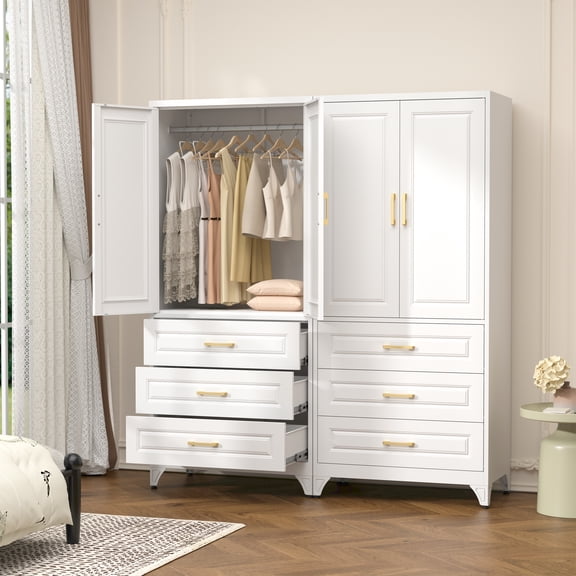 Polup 71“ Tall Metal Sturdy Armoire Wardrobe Closet with Three Drawers, White Wardrobes with Doors and Shelves