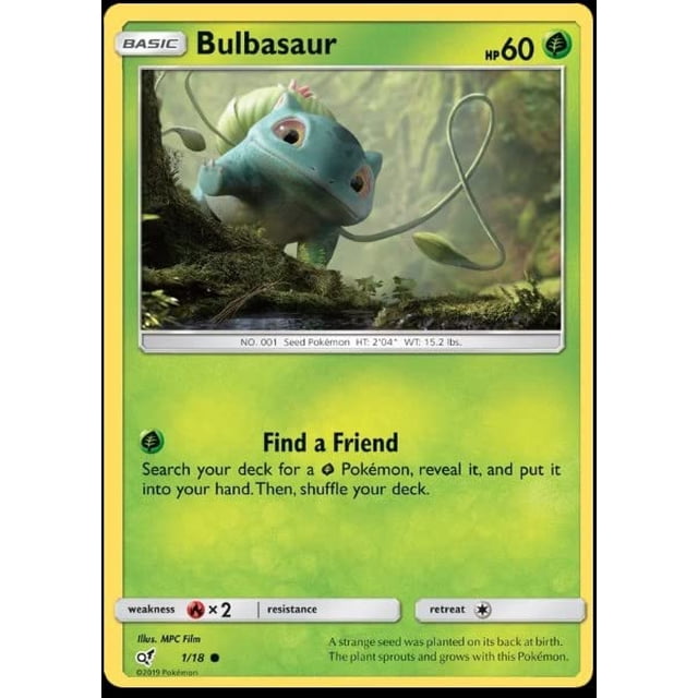 Carta foil de Bulbasaur Pokémon 1/18, set Detective Pikachu