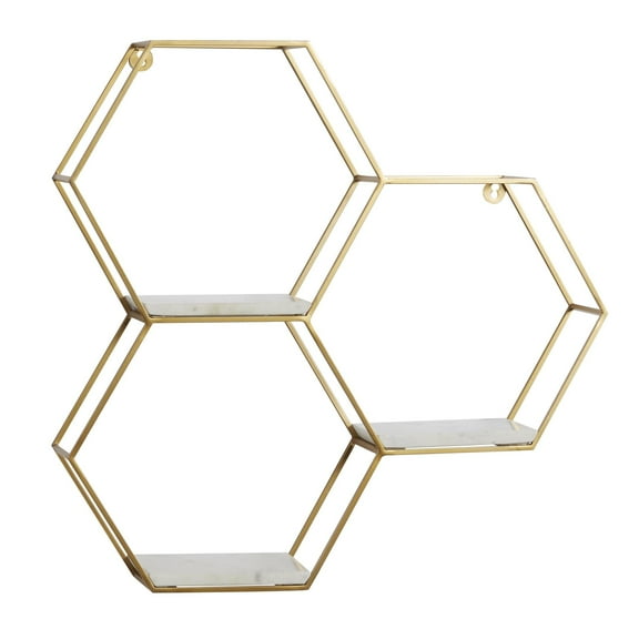 DecMode 24" x 6" Hexagon 3-Tier Gold Geometric Wall Shelf with 3 Marble Shelves