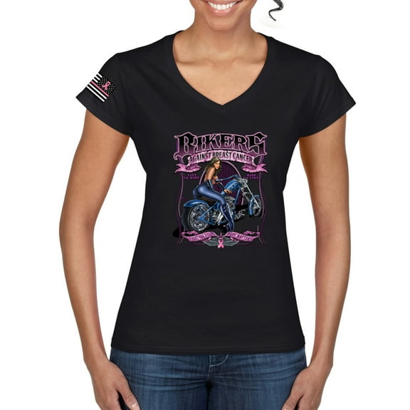 Wild Bobby Bikers Against Breast Cancer USA Flag Sleeve Breast Cancer Awareness Women Standard V-Neck Tee, Black, Small