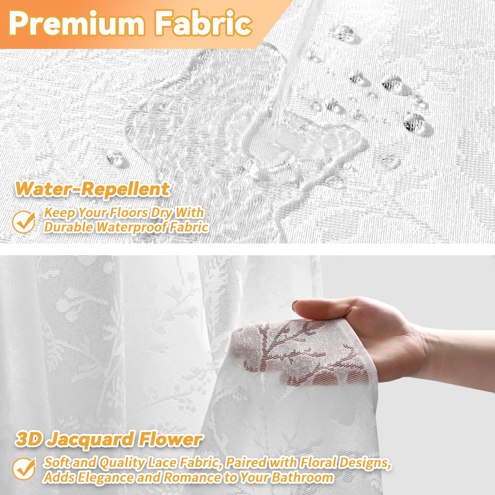 FRAMICS Fabric Shower Curtain Sets with Rug and Hooks, Lace Floral Leaves Bathroom Sets, Waterproof & Mold Resistant, White