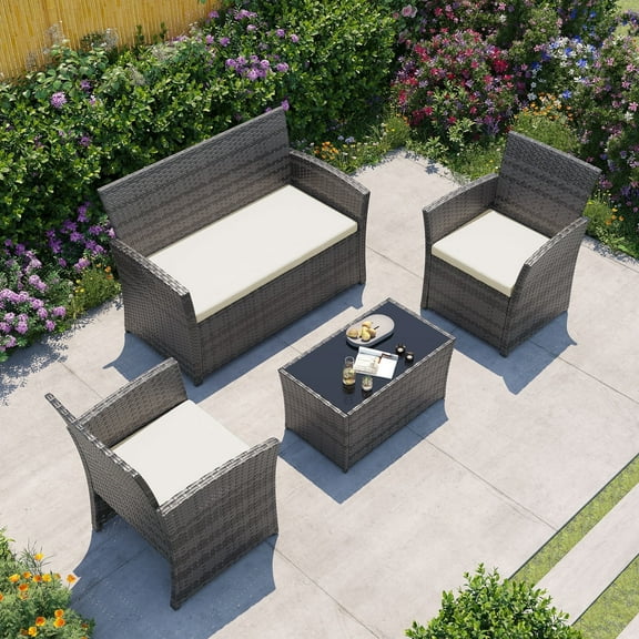 FHFO 4 Piece Patio Furniture Sets,Outdoor Wicker Conversation Set with Cushions and Tempered Glass Tabletop, for Porch, Garden, Lawn(Grey/Beige)