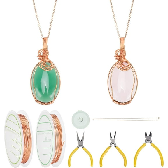 2 Set Wire Wrapped Necklace Kit Wire Wrapped Copper Necklaces Oral Gemstone Necklace Couples Matching Necklace Set for Handmade Jewelry Gifts