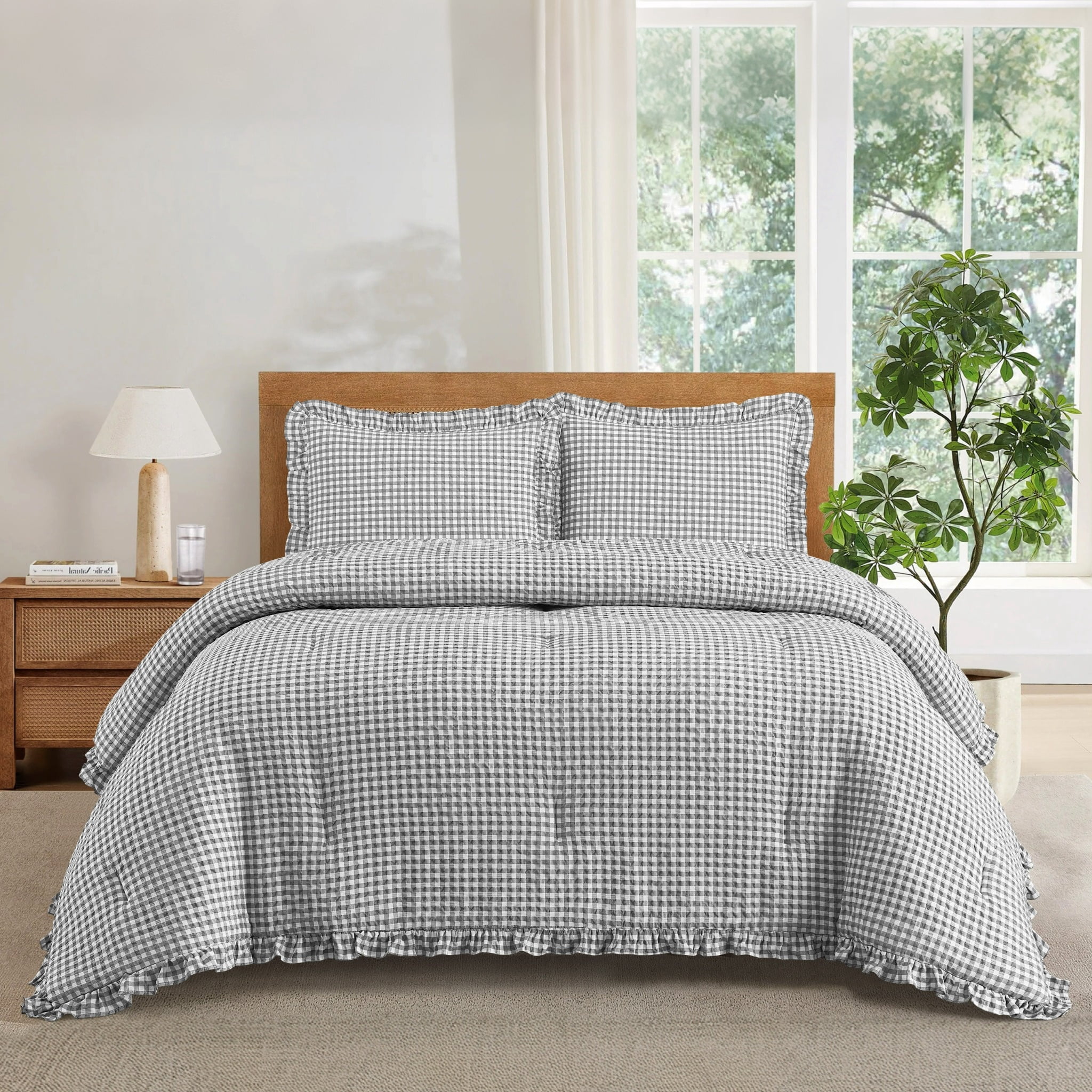 Mason & Craft 3 Piece Grey Gingham Seersucker Comforter Set, King