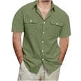 thumbnail image 3 of Dvprdro Mens Cotton Linen Casual Solid Shirts Classic Button Lapel Neck Short Sleeve Pullover Shirts Lightweight Work Tunic Blouse with Pockets Green L, 3 of 5