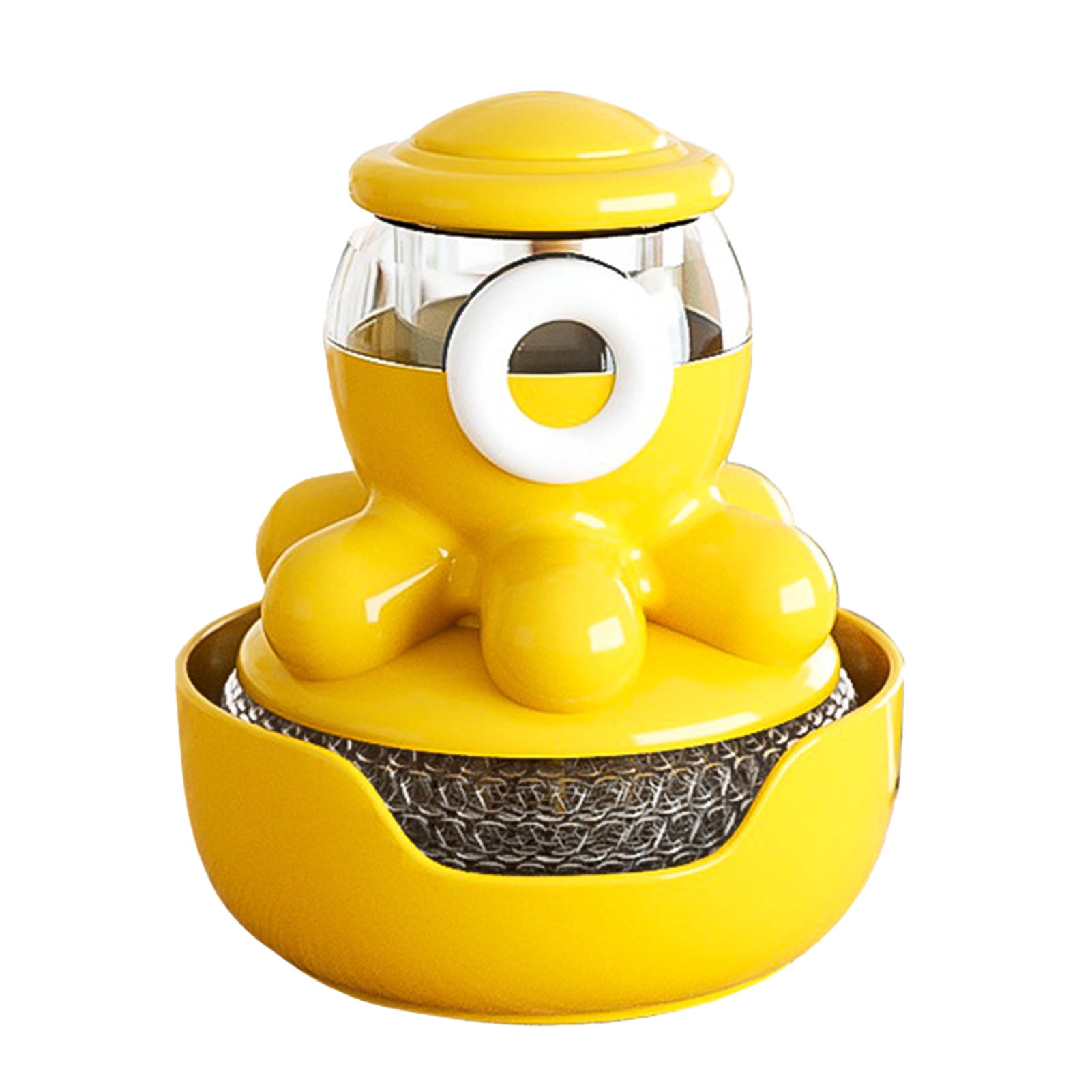 Cepillo de palma dispensador de jabón, cepillo de limpieza de relleno de líquido tipo empuje con forma de pulpo lindo de plástico para plato, olla, fregadero, amarillo 1993