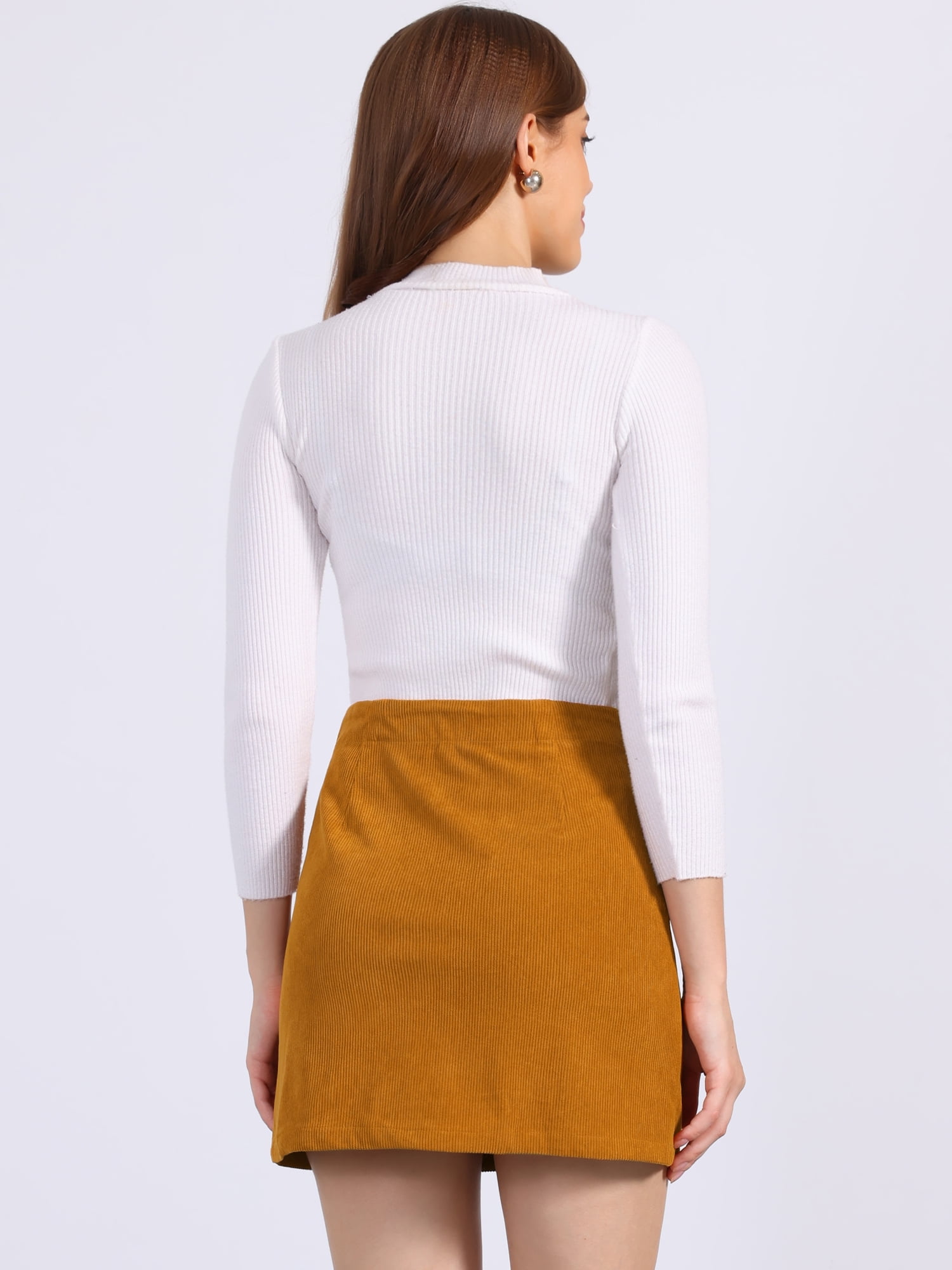 DARING DIVA Women's Corduroy Button Decor Ruffled Trim High Waist Skirt L Camel