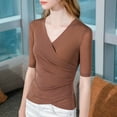thumbnail image 2 of BLVB Women's Cross Wrap Ruched Slim Tops V Neck Half Sleeve T Shirt Soft Casual Tight Tunic Tops Tee, 2 of 3