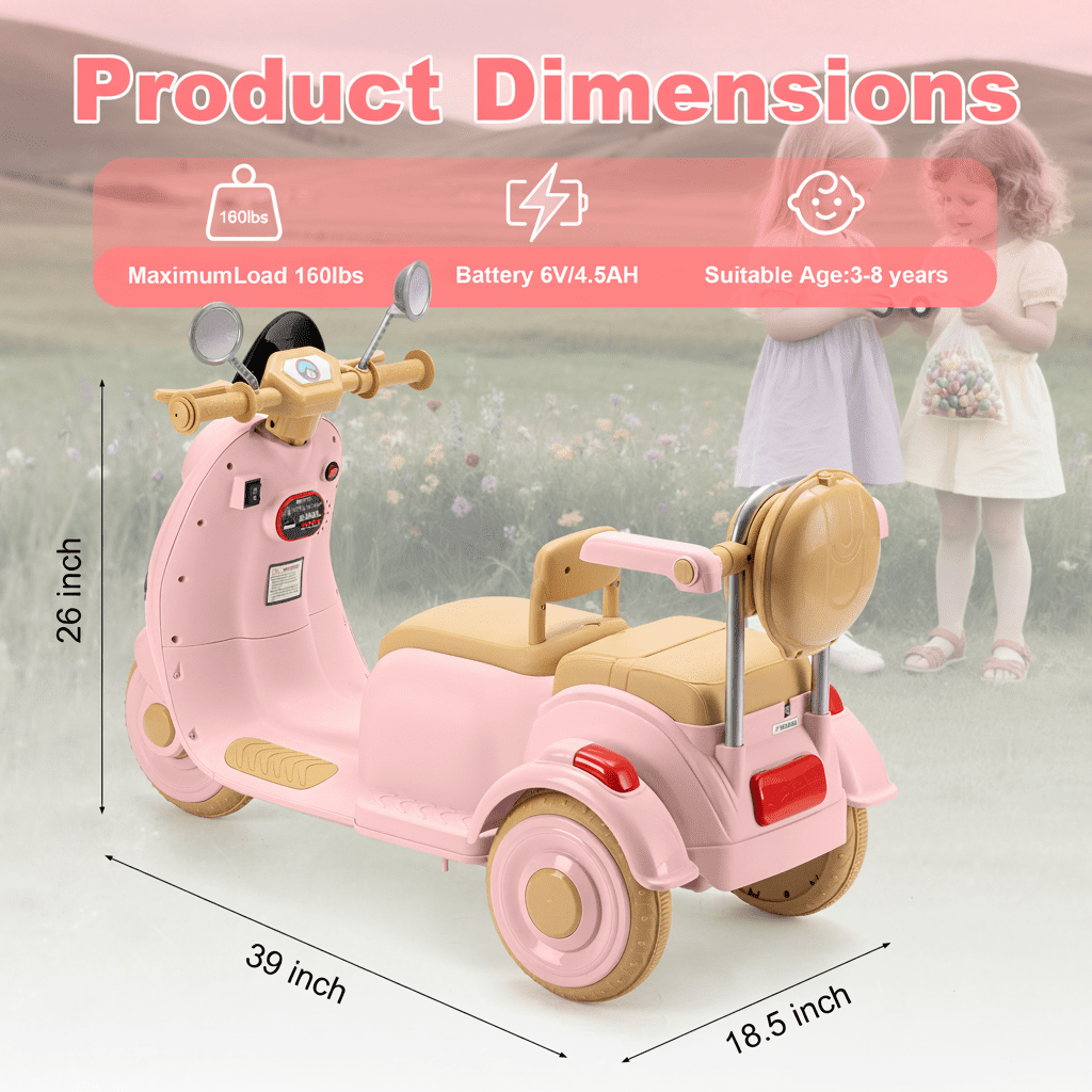 Dimedeal 12V Electric Motorcycle, Ride On Scooter for Kids, 2 Seater with Storage & Dual Motors, 3-Wheel Electric Ride On Toy for Girls Ages 3-8, Safe & Cute Design (Pink)