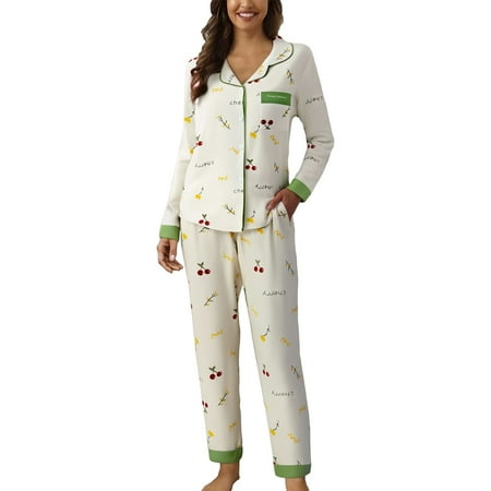 FUNUONY Cotton Pajamas for Women Set 2 Piece Long Sleeve Button Up Sleepwear Loose Pj Pants Sets Soft Comfy Loungewear Casual Lapel Button Print Two Piece Long Sleeve Pajamas Pajamas Suit Green L