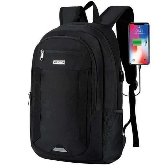 MAXTOP Ergonomic Waterproof Travel Backpack with USB Charger Port, Black