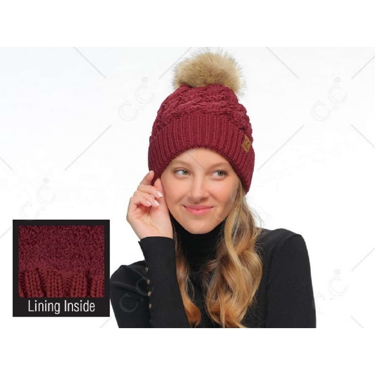C.C Thick Cable Knit Faux Fuzzy Fur Pom Fleece Lined Skull  display picture 1