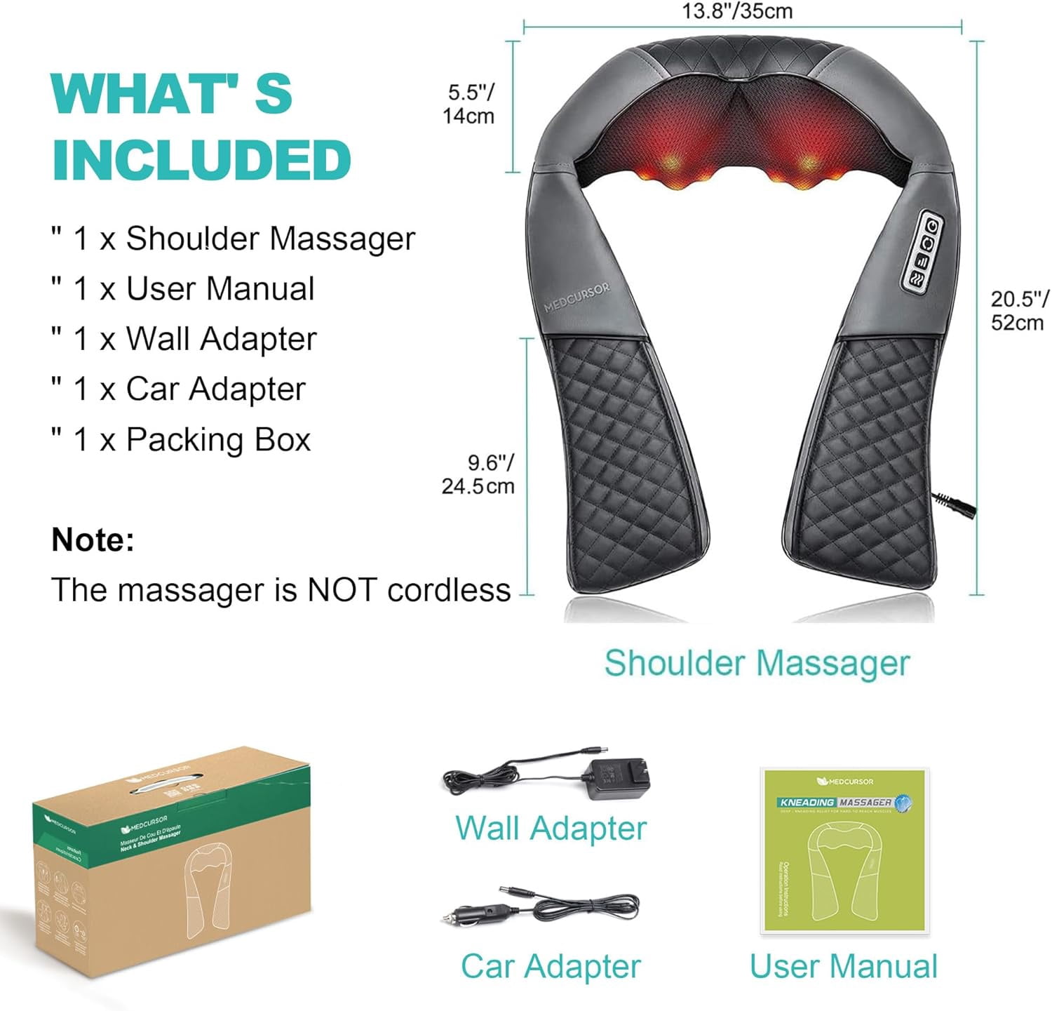 Medcursor Neck Shoulder Massager, Electric Shiatsu Back Massager, Portable Deep Tissue 3D Kneading Pillow for Muscle Pain Relief, Home, Office, Car Use