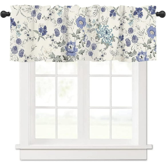 Spring Blue Floral French Country Valance | 54" x 18" Rod Pocket Kitchen Curtains | Short Panels | Romantic Window Treatment for Bedroom, Living Room