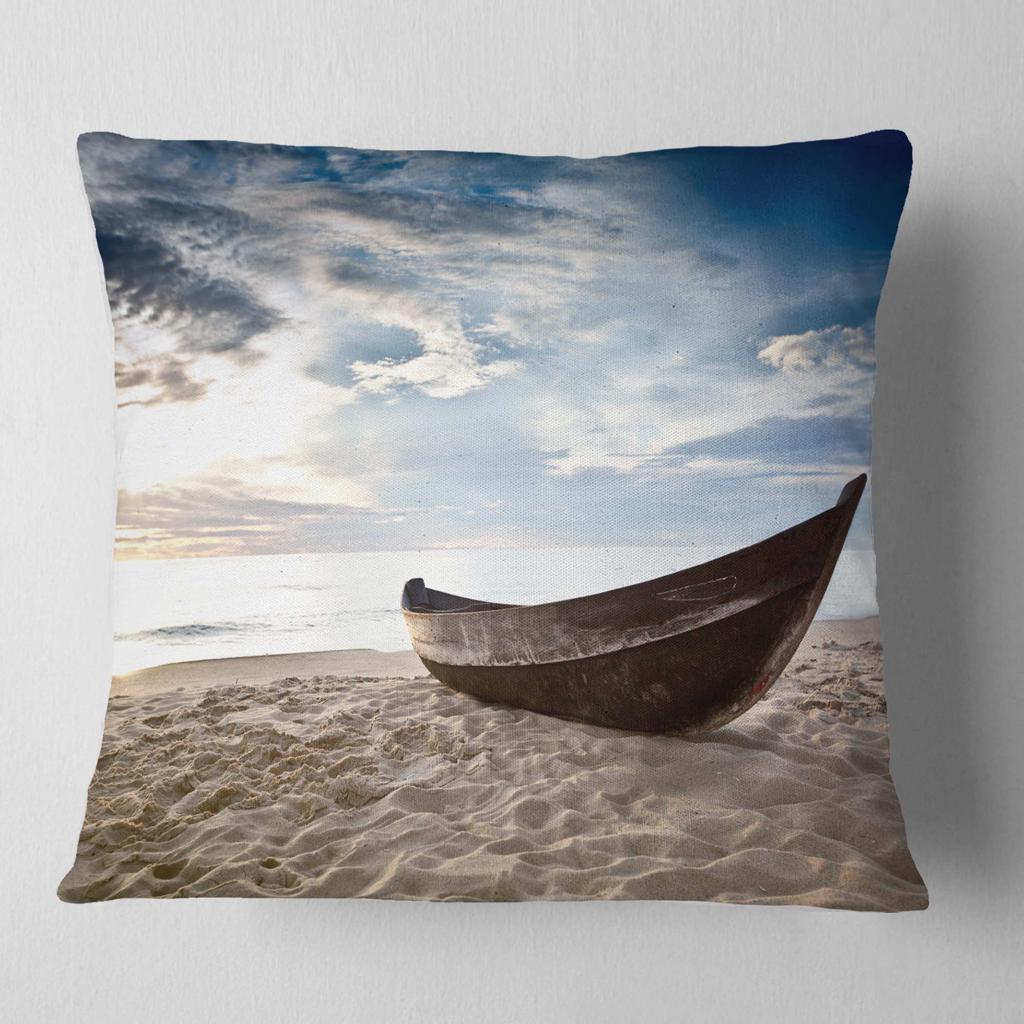 Designart Old Fisherman Boat - Seashore Photography Throw Pillow - 18x18