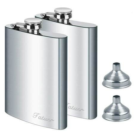 Stainless Steel Flask Funnel Set, Tatuer 2pcs 8 oz Whiskey Vodka Alcohol Hip Flask Leak-proof with 2 Funnels in Gift Package for Men Travel Climbing Fishing
