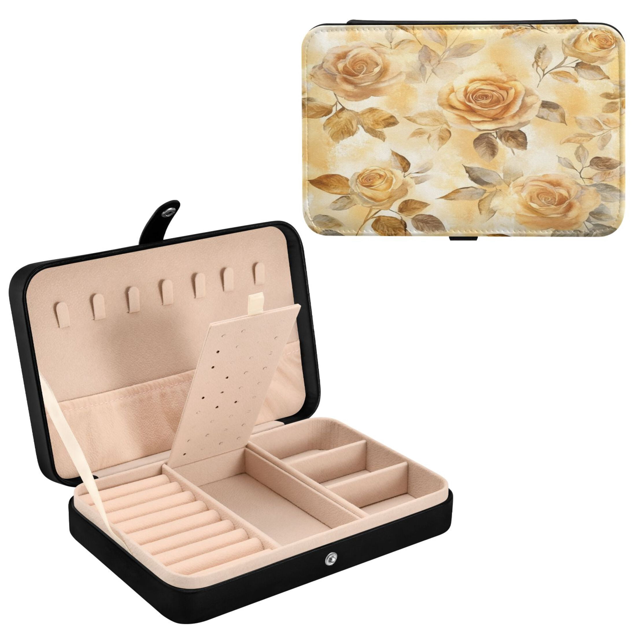 Leather Jewelry Box Rectangular 8.27x5.5x1.78In Travel Jewelry Storage Earrings Necklace Bracelet Watch Brooch Storage Cartoon Yellow Roses Seamless