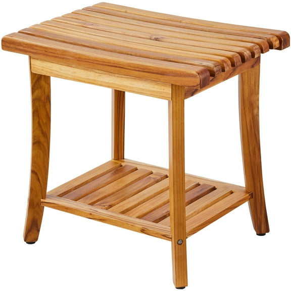 KFFKFF Teak Bath Stool, Dimensions 20 x 14.3 x 17.9 inches, Water-Resistant Wooden Bathing Bench with Storage Rack and Anti-Skid Feet, Supports up to 400 lbs